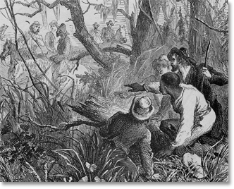 Union soldiers being aided by a former slave.