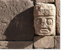 One of many faces on a wall at the Kalasasaya site of the ancient Tiwanaku civilization, Bolivia.