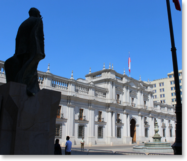 Statue of Salvador Allende Gossens, president of Chile, in front of the Moneda Presdential palace, in Santiago, Chile. 