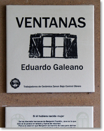 Tiles in the factory classroom depicting work by the Uruguayan writer Eduardo Galeano.