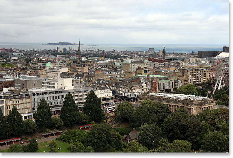 Looking across central Edinburgh from Edinburgh Castle towards the Firth of Forth. 