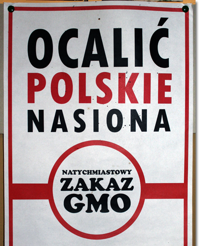 A poster from the campaigns against GMOs:  "Save Polish Seeds / Immediate Ban on GMO".￼