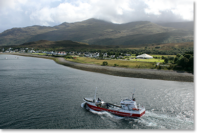 A ship enters Loch Alsh between the Scottish mainland and Kyleakin on the Isle of Skye.
