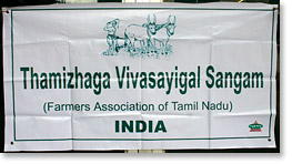 Tamizhaga Vivasayigal Sangam's banner at the Via Campesina conference.