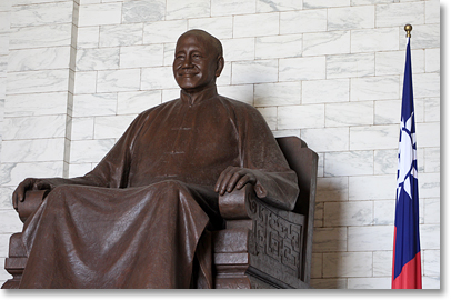 Statue of General / President Chiang Kai-shek inside the Chiang Kai-shek Memorial Hall. Chiang Kai-shek was president of the Republic of China in Taiwan and governed with the dictatorial powers of martial law from 1950 to 1975.