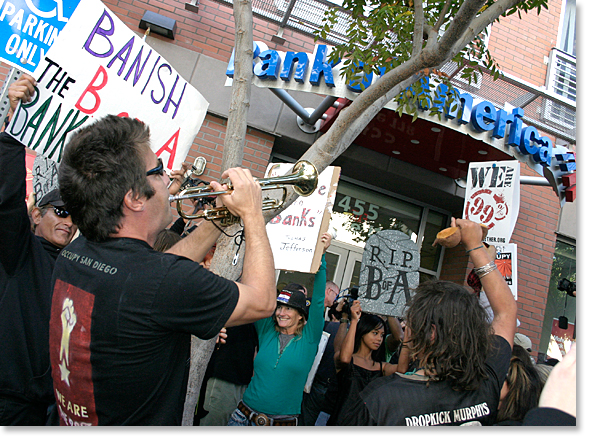 Occupy San Diego -- Bank Transfer Day, November 5, 2011. Arriving at a Bank of America branch.  Photo by Nic Paget-Clarke. 
