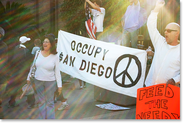 Occupy San Diego. The march arrives at the San Diego Civic Center. Photo by Nic Paget-Clarke.