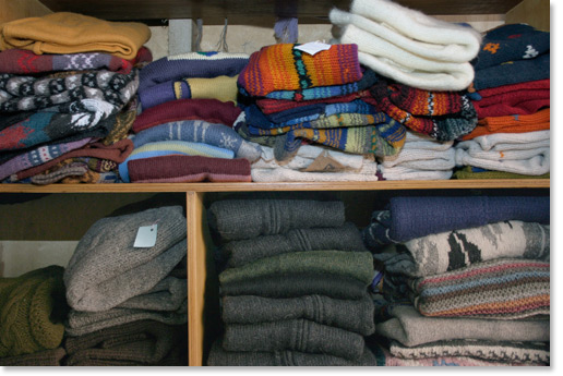 Sweaters and scarves at the main office of ASARBOLSEM, a fair trade and economic solidarity organization which is run by its rural and suburban artisan producers. The main office is in El Alto, Bolivia. Photo by Nic Paget-Clarke.