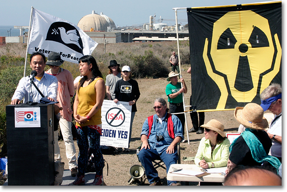 Hirohide Sakuma and Kyoko Sugasawa from the Fukushima region of Japan speak to two hundred protesters in Southern California at the San Onofre Nuclear Generating Station.